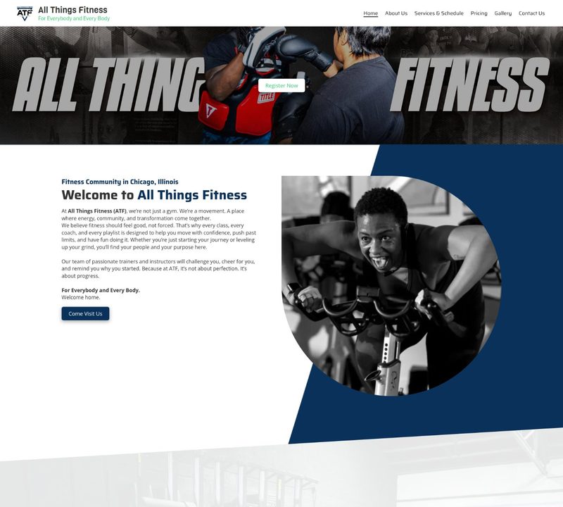 All Things Fitness homepage with a gym photo and a Welcome to All Things Fitness message