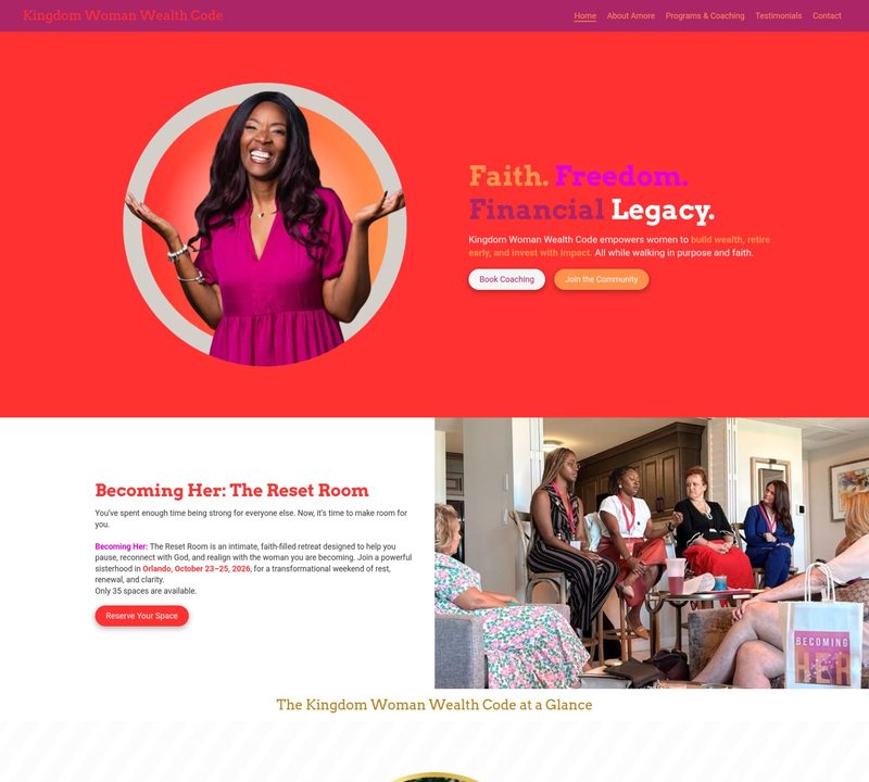 Kingdom Woman Wealth Code homepage with the headline Faith. Freedom. Financial Legacy.