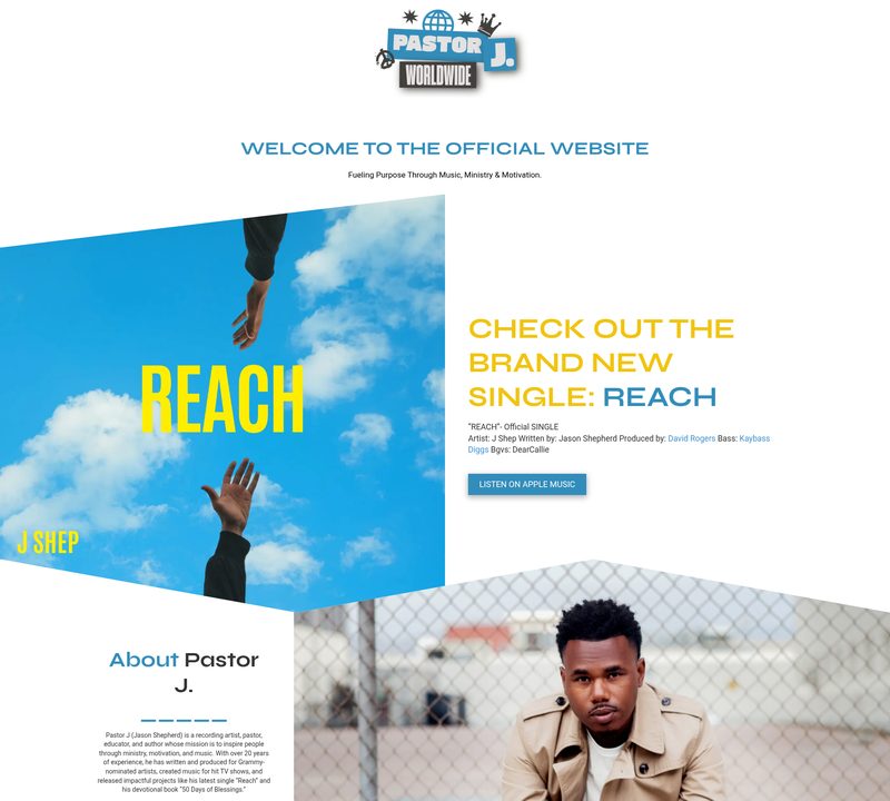 Pastor J Worldwide homepage featuring the single Reach